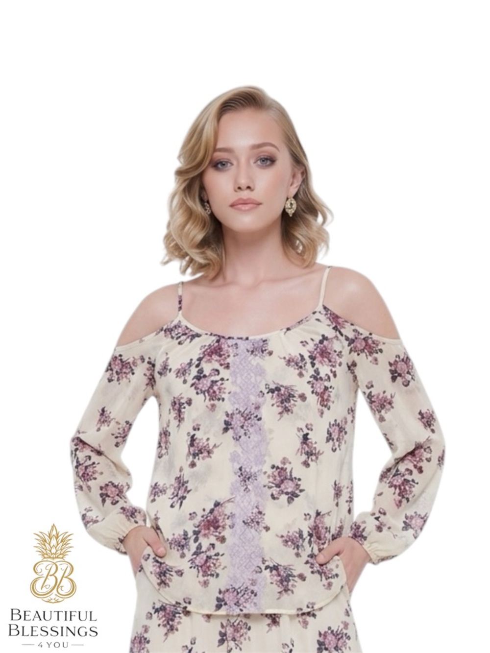 Rewind Floral Cold-Shoulder Blouse in Cream and Mauve with Floral Pattern